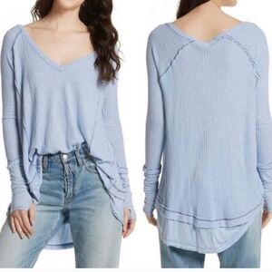 Free People We The Free Boho Blue Laguna Thermal Oversized Pointelle Knit Top M